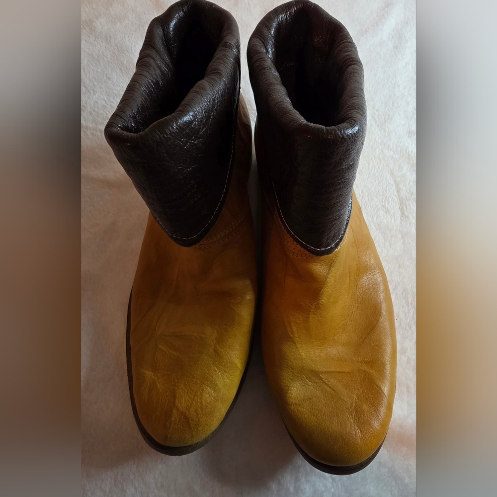 Two-Tone Leather Ankle Boots in Mustard and Dark Brown